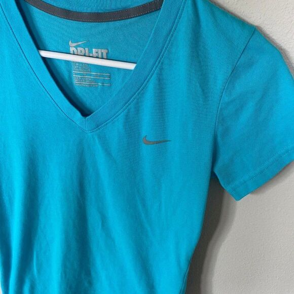 Nike V-Neck Teal Blue Activewear Dri-Fit Slim Fit Shirt, XS - Picture 3 of 6